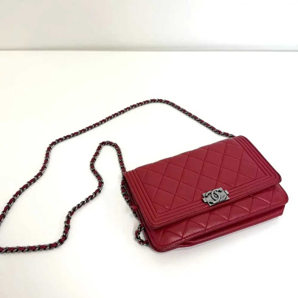 CHANEL Red Quilted Lambskin Leather Boy Wallet on Chain Silver CC Logo Crossbody